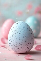 Obraz premium Minimalist Composition of Beautifully Speckled Easter Eggs in Soft Pastel Colors for Celebrating Spring Festivities and Family Gatherings