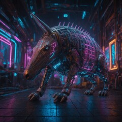 A futuristic mechanical aardvark in a cyberpunk world filled with geometric neon grids and spirals.