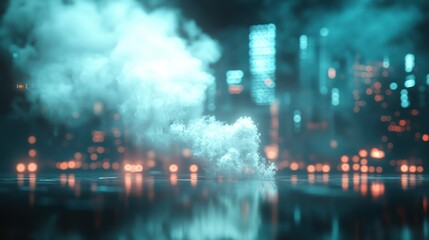 Futuristic Cityscape: Smoke and Lights Reflecting on a Wet Surface