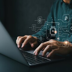 Artificial intelligence concept, holographic AI icon, hands typing on laptop, futuristic technology, blue tones, dark background, glowing digital elements, network connections, machine learning visual
