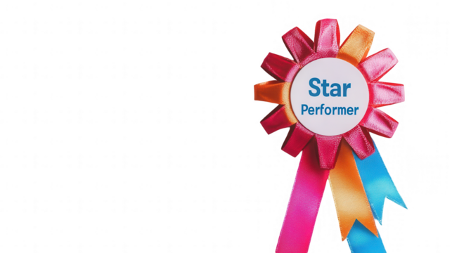 Ribbon badge with "Star Performance" label for Employee Appreciation Day, honoring excellence, isolated on white, PNG file, transparent background.