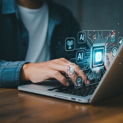 Artificial intelligence concept, holographic AI icon, hands typing on laptop, futuristic technology, blue tones, dark background, glowing digital elements, network connections, machine learning visual