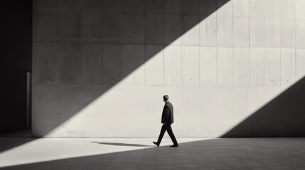 Man in suit walking through sunlit concrete corridor.
