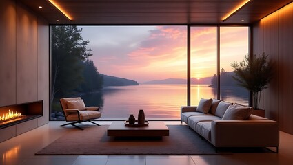 Modern Sunset Lakeview Living Room Design