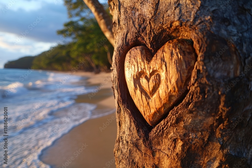 Poster carved heart in tree trunk with golden hour lighting over serene beach and waves in the background c