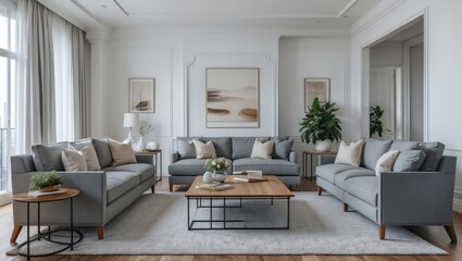 Bright and airy living room with gray sofa
