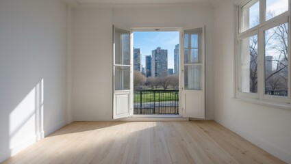 Fototapeta premium Bright spacious room with urban park view