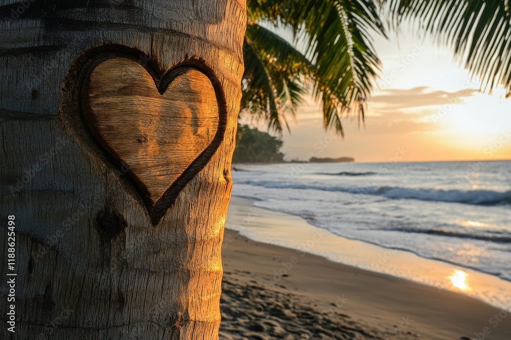 Poster serene beach at golden hour with a heart carved in a tree trunk against a backdrop of gentle waves a