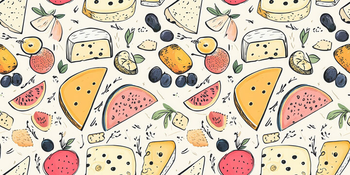 A seamless illustration and playful cheese pattern featuring cheese holes and textures, creating a whimsical background for food enthusiasts.