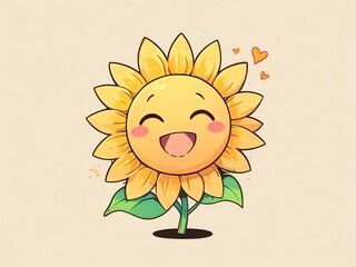 Joyful Sunflower Illustration: A Happy Cartoon Sunflower with Hearts