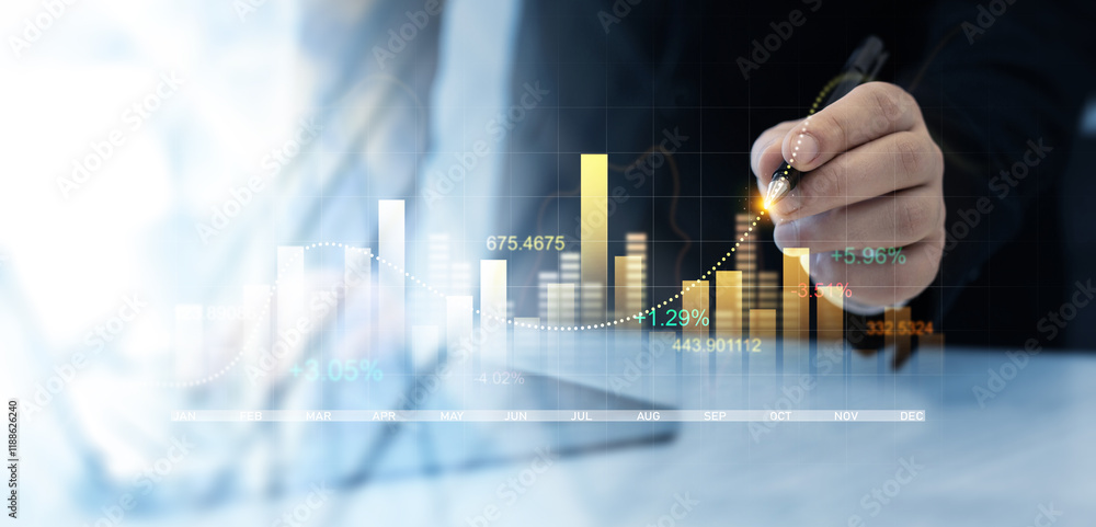Poster business growth graph chart. businessman using tablet analyzing sales data and financial report.fina