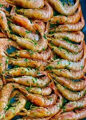 Tray of fresh prawns ready to bake, typical appetizer or starter of Spanish cuisine.
