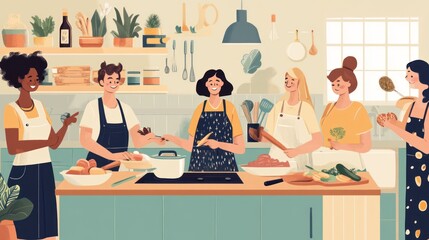 Diverse group of friends cooking together in a bright, modern kitchen.