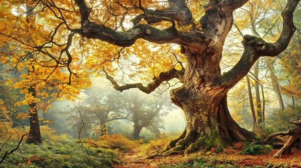 Majestic ancient tree enchanted forest nature photography autumn landscape serene view timeless beauty