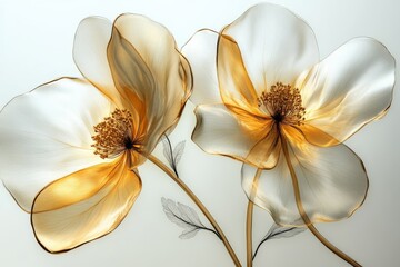 Ethereal floral art featuring translucent golden petals with delicate, detailed stamens and subtle, linear foliage against a soft backdrop