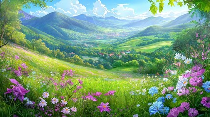 Vibrant floral spring landscape serene valley digital artwork lush environment wide-angle view nature's beauty