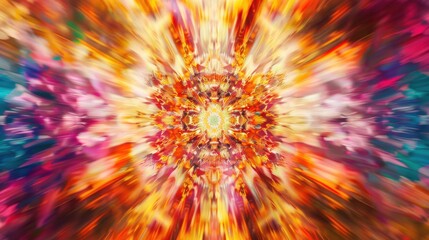 a kaleidoscopic burst of vibrant hues and intricate patterns in a mesmerizing abstract composition, No specific objects, white space in the center of the page for text