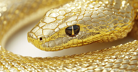 Obraz premium A shimmering golden snake with textured scales and piercing eyes stands out against a white background. The contrast of light and shadow enhances its mysterious allure.