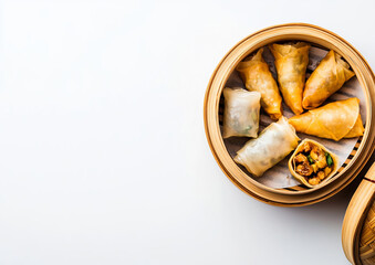 A bamboo steamer filled with dim sum delights, from egg rolls to spring rolls, rests against a white background, showcasing the appetizing variety of Asian culinary traditions.