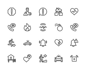 Emergency situation vector linear icons set. Contains such icons as attention, gas leak, bell, earthquake and more.