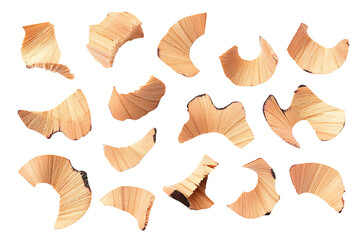 Fototapeta premium Set wooden spiral pencil shavings from sharpener isolated on PNG
