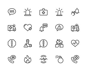 Emergency situation vector linear icons set. Contains such icons as SOS, siren, first aid, hazard alarm and more.