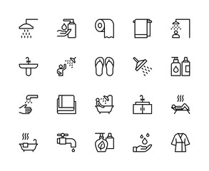 Showering and bathing related vector linear icons set. Contains such icons as shower, water, hand, antiseptic and more.