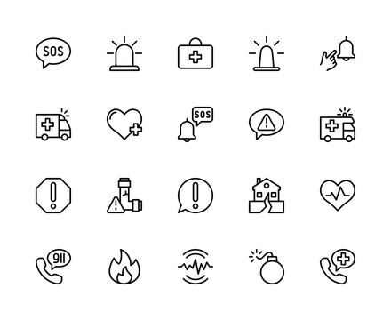 Emergency situation vector linear icons set. Contains such icons as SOS, siren, first aid, hazard alarm and more.