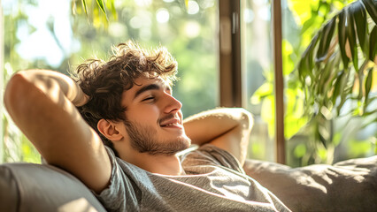 Smiling man resting and relaxing sitting on a sofa at home. Relaxation and carefree concept