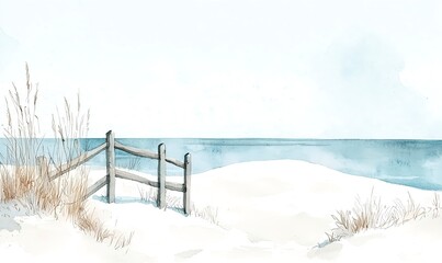 A watercolor of white sand dunes features a wooden fence and a blue ocean backdrop in a serene, minimal style