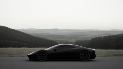 Fototapeta premium Sleek black sports car on a mountain road overlooking a misty valley.