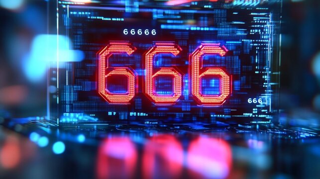 Futuristic Glowing Red Digital Number 666 in Cyberspace, Abstract Technology Background