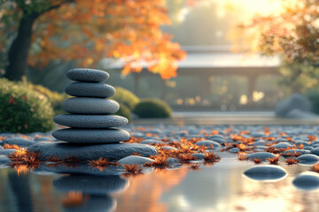 Obraz premium A calming landscape of a Japanese garden in the autumn season. 