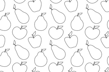 Seamless hand-drawn black and white pattern of apples and pears, perfect for coloring books or creative projects.