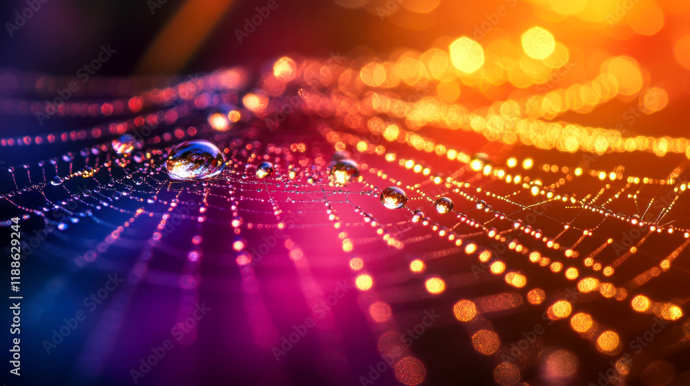 Poster close-up view of a vibrant spider web adorned with droplets showcasing a colorful background of ligh