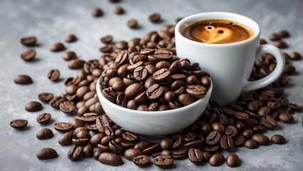 Fototapeta premium Coffee beans and espresso cup in elegant banner