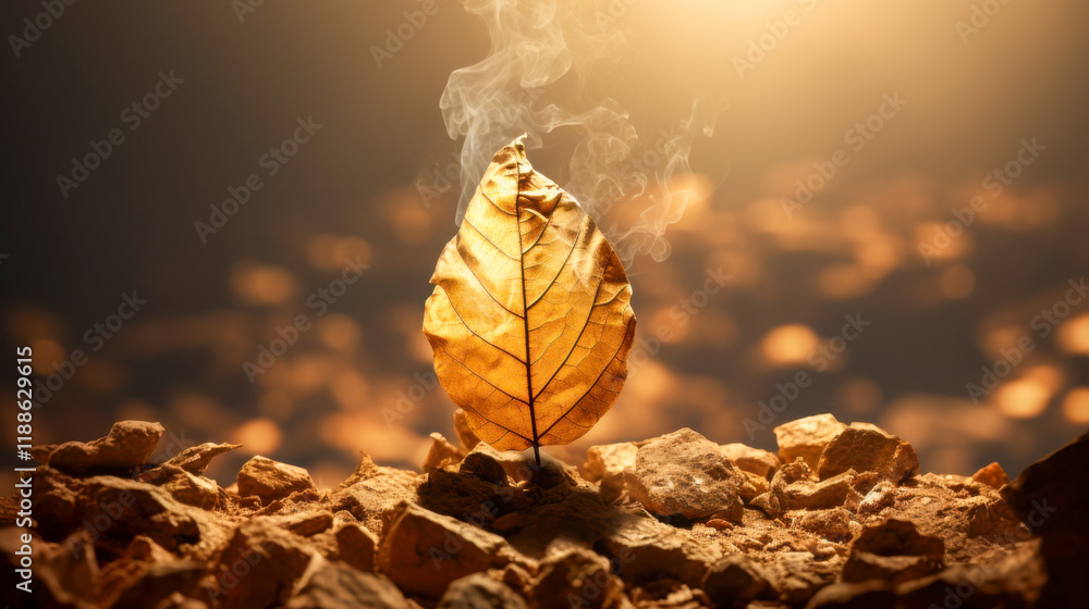 Poster Golden leaf illuminated by soft light and swirling smoke set against a textured surface with scattered blur of autumn tones creating a serene autumn atmosphere