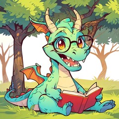 Adorable Dragon Reading a Book Underneath the Trees