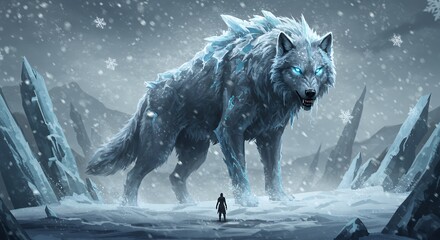 A colossal frost-covered wolf standing in a frozen wasteland, its glowing blue eyes piercing through the icy mist. Snowflakes freeze mid-air as its aura radiates cold energy.
