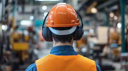 Industrial Worker Wearing Safety Gear and Headphones
