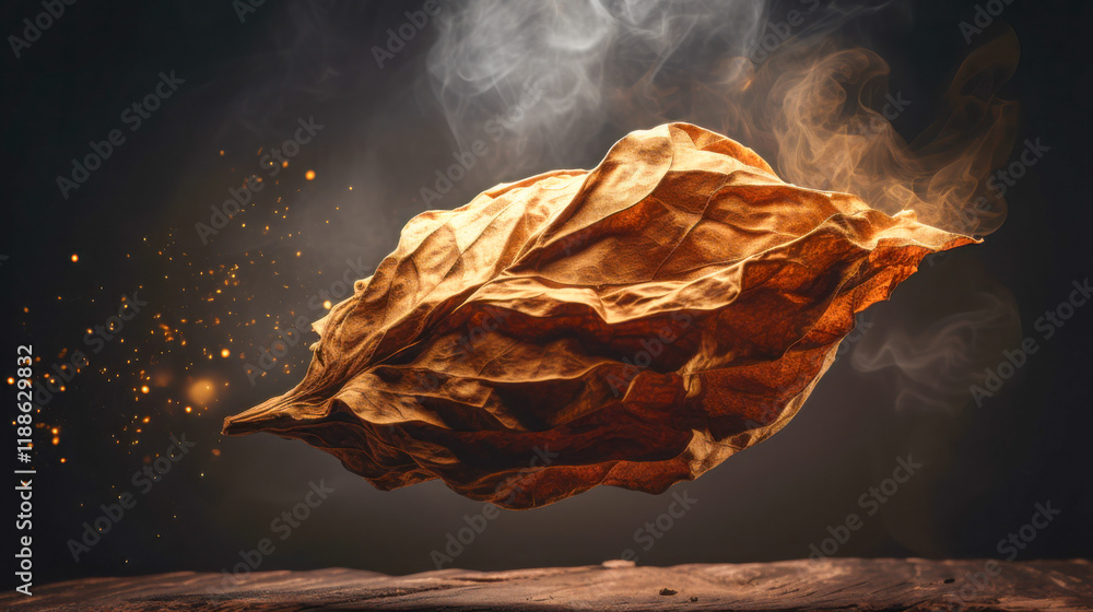 Poster floating brown leaf with intricate texture surrounded by soft smoke and glimmering particles in a da