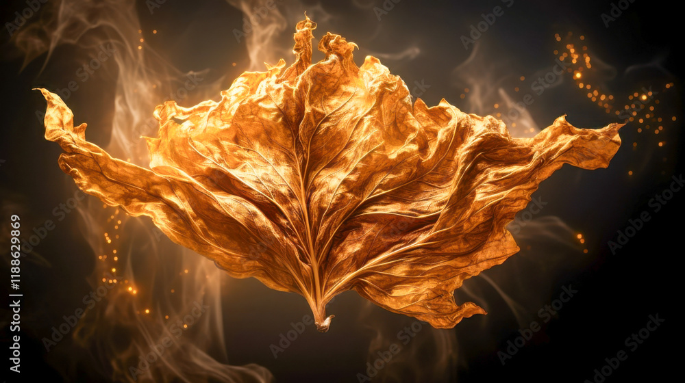 Poster golden autumn leaf floating in magical light with swirling particles in the background