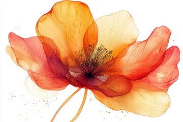 Translucent Watercolor Floral Art: A Stunning Red and Orange Botanical Illustration on White Background
