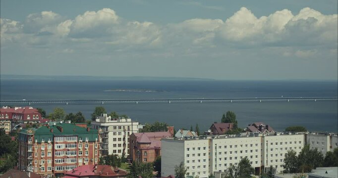 Cityscape overlooking Volga river under sky