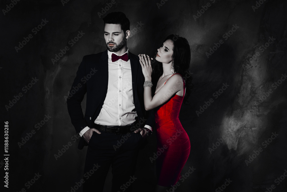 Poster side view portrait of charming slim pretty woman putting arms on shoulder of dreamy bearded man in b