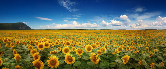 Fototapeta premium 地平線まで続く広大なひまわり畑と青い空（Vast sunflower fields and blue skies stretching to the horizon） 