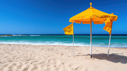 Safety zone, Beach safety zone with lifeguards, featuring warning signs to promote safety at the beach. Ideal for educational or promotional use in coastal settings.
