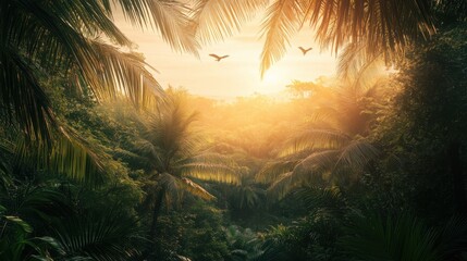 Serene Jungle Landscape at Sunrise with Lush Greenery, Birds in Flight, and Warm Golden Light Illuminating the Tropical Ecosystem