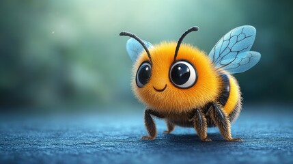 Adorable 3D Render of a Fuzzy Bumble Bee  Posing on a Blue Surface, Cute Insect Character Design