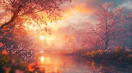 Serene Sunset over Blossom-Lined River
